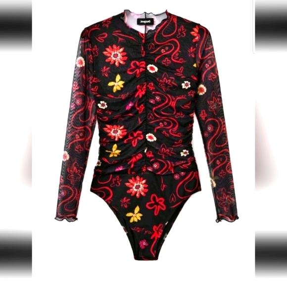 Desigual Womens Tulle Ruched Floral Bodysuit L - Picture 1 of 15